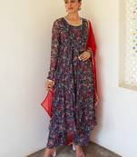 Janasya rashmika x saji saheli - women's dark blue georgette digital floral printed kurta with palazzo and dupatta