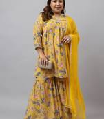 Xl love by janasya rashmika x saji saheli - women's plus size yellow georgette kurta with sharara and dupatta
