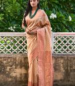 Janasya rashmika x saji saheli - women's beige chanderi silk ethnic motifs saree with unstitched blouse piece