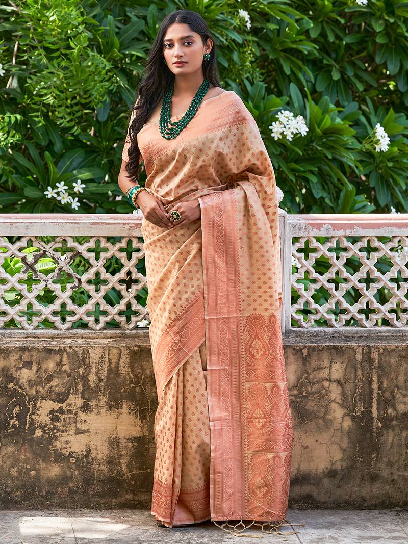 Janasya rashmika x saji saheli - women's beige chanderi silk ethnic motifs saree with unstitched blouse piece