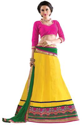Yellow embroidered net unstitched lehenga-choli 1