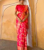 Janasya rashmika x saji saheli - women's pink banarasi silk floral saree with unstitched blouse piece