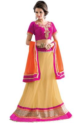 Beige embroidered net unstitched lehenga-choli 1