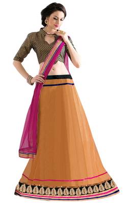 Beige embroidered net unstitched lehenga-choli 1