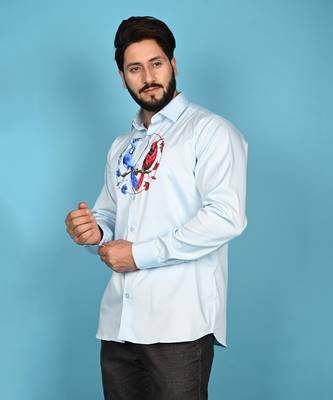 Light blue birds of yin yang handpainted cotton shirt 1