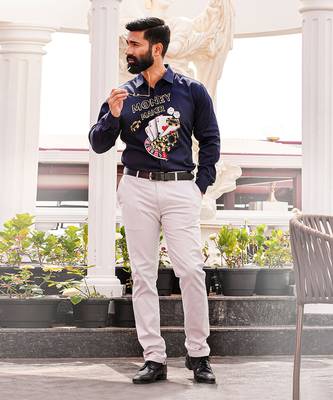 Navy blue money maker handpainted cotton shirt 1