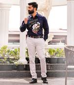 Navy blue money maker handpainted cotton shirt