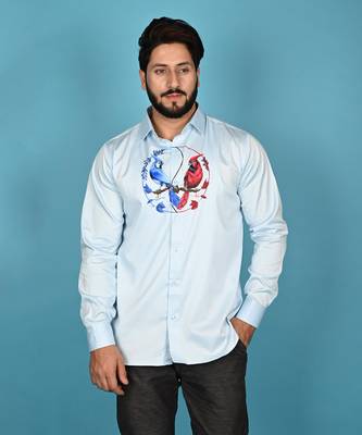 Light blue birds of yin yang handpainted cotton shirt 2