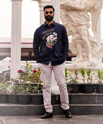 Navy blue money maker handpainted cotton shirt 2