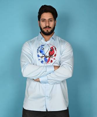 Light blue birds of yin yang handpainted cotton shirt 3