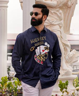 Navy blue money maker handpainted cotton shirt 3