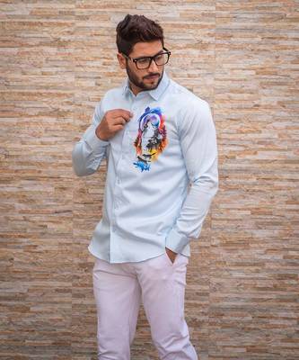 Light blue bright night wolf cotton shirt 2
