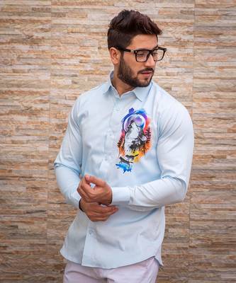 Light blue bright night wolf cotton shirt 5