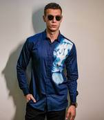 Navy blue king of the jungle handpainted cotton shirt