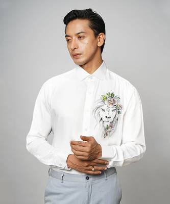 White lion bloom handpainted cotton shirt 1