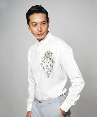 White lion bloom handpainted cotton shirt 2