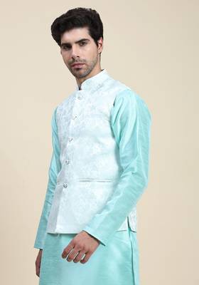 Green printed polyester nehru-jacket 1