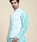 Green printed polyester nehru-jacket