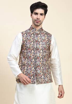 Beige printed polyester nehru-jacket 1