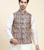 Beige printed polyester nehru-jacket
