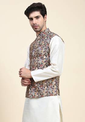 Beige printed polyester nehru-jacket 3
