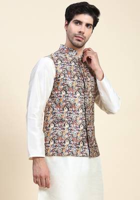 Beige printed polyester nehru-jacket 4