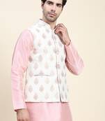 Beige printed polyester nehru-jacket