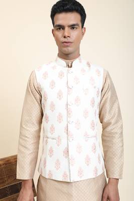Beige printed polyester nehru-jacket 5