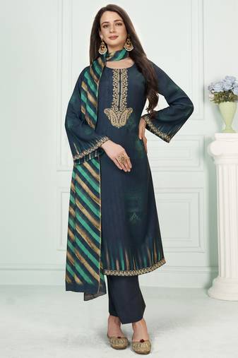 Stylee lifestyle navy blue muslin embroidered dress material