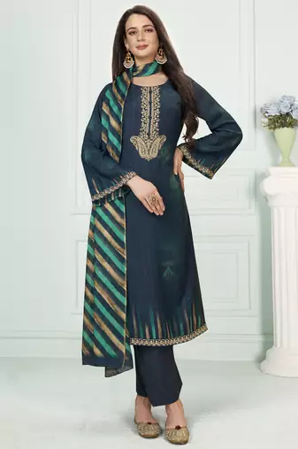Stylee lifestyle navy blue muslin embroidered dress material
