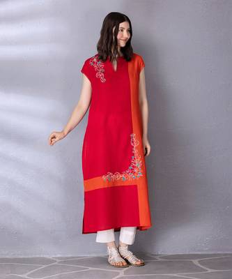 Cherry red & burnt orange cotton linen kurta set 1