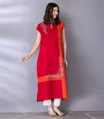 Cherry red & burnt orange cotton linen kurta set