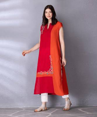 Cherry red & burnt orange cotton linen kurta set 2