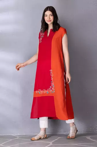 Cherry red & burnt orange cotton linen kurta set