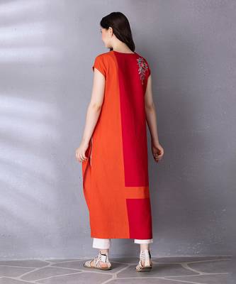 Cherry red & burnt orange cotton linen kurta set 3