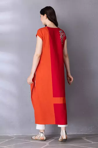 Cherry red & burnt orange cotton linen kurta set