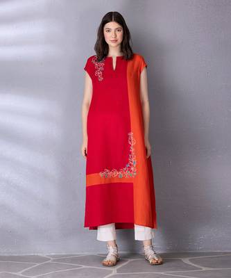 Cherry red & burnt orange cotton linen kurta set 4