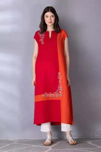 Cherry red & burnt orange cotton linen kurta set