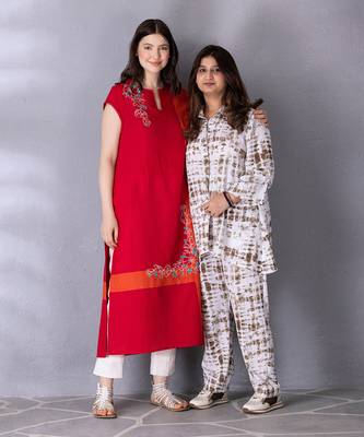 Cherry red & burnt orange cotton linen kurta set 5