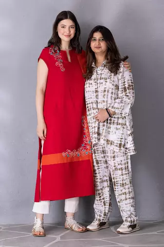 Cherry red & burnt orange cotton linen kurta set