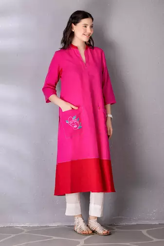 Bubblegum pink cotton linen kurta set