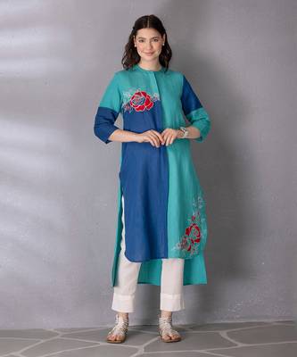 Turquoise green cotton linen kurta set 1