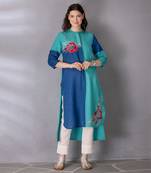 Turquoise green cotton linen kurta set