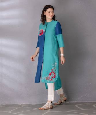 Turquoise green cotton linen kurta set 2