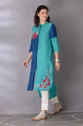 Turquoise green cotton linen kurta set