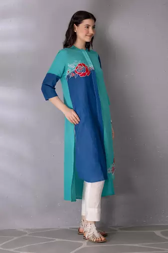 Turquoise green cotton linen kurta set