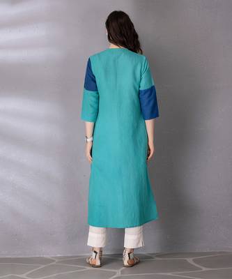 Turquoise green cotton linen kurta set 4