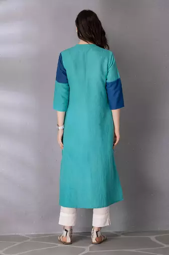 Turquoise green cotton linen kurta set