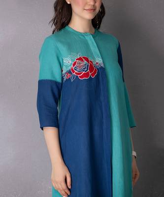 Turquoise green cotton linen kurta set 5