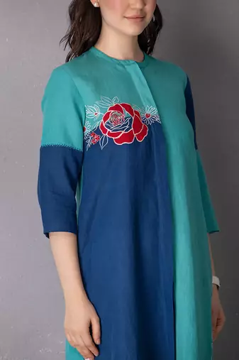 Turquoise green cotton linen kurta set
